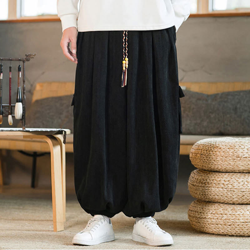 Pantalon cargo en velours côtelé chenille avec cordon de serrage et poches pour homme de Buddha Stones Automne Hiver - image 1