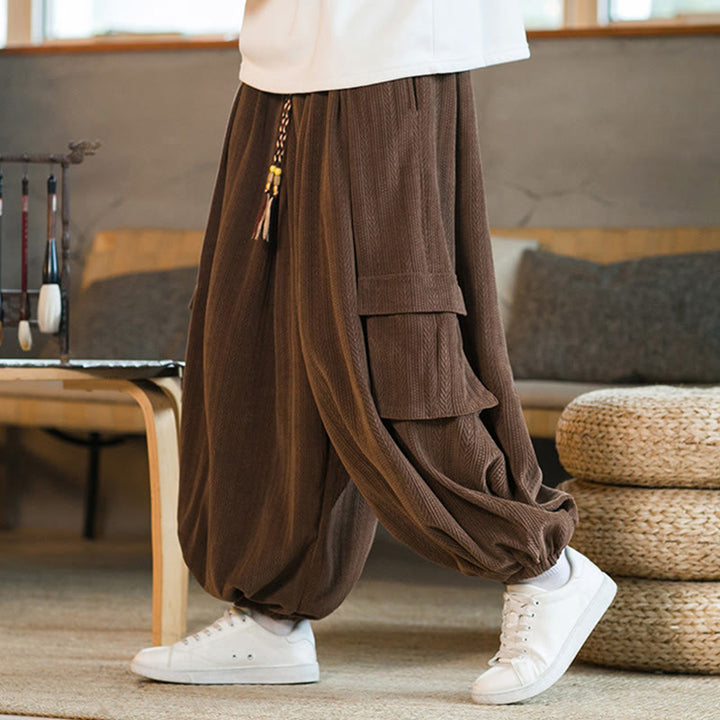Pantalon cargo en velours côtelé chenille avec cordon de serrage et poches pour homme de Buddha Stones Automne Hiver - Terre de sienne - US/UK/AU46，EU56 (5XL) - image 14