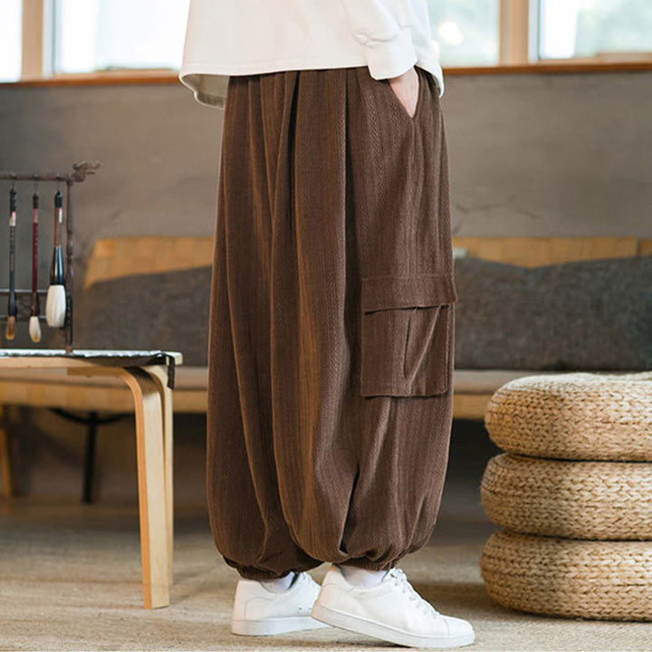 Pantalon cargo en velours côtelé chenille avec cordon de serrage et poches pour homme de Buddha Stones Automne Hiver - image 18