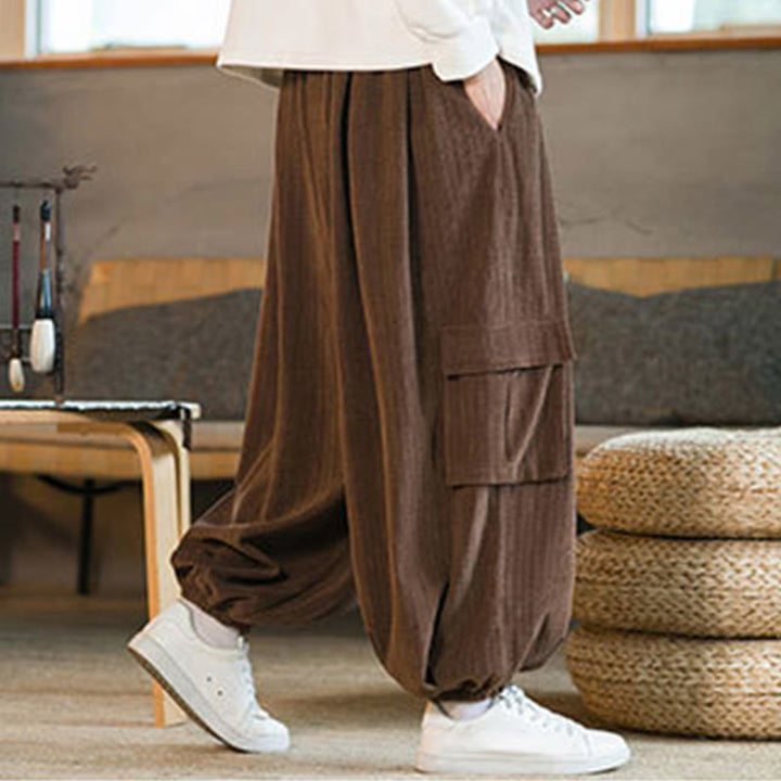Pantalon cargo en velours côtelé chenille avec cordon de serrage et poches pour homme de Buddha Stones Automne Hiver - image 20