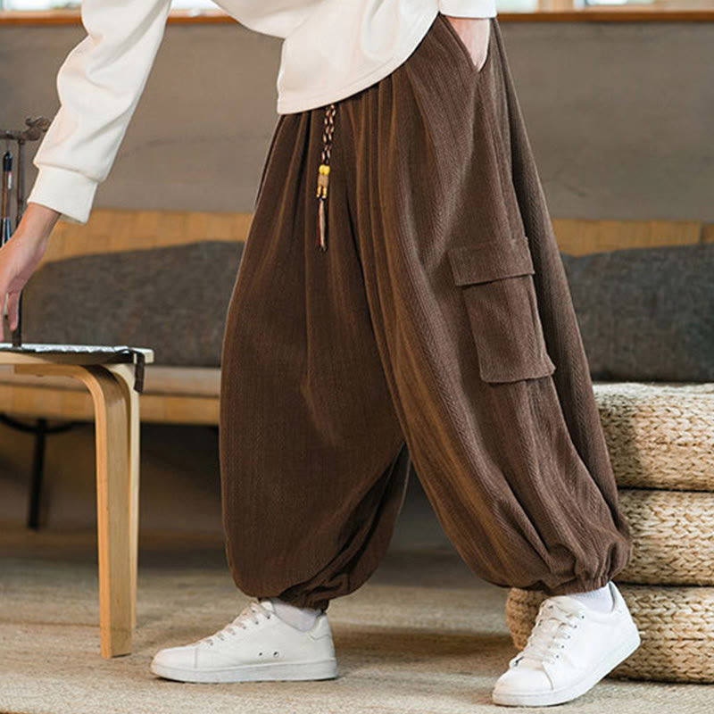 Pantalon cargo en velours côtelé chenille avec cordon de serrage et poches pour homme de Buddha Stones Automne Hiver - image 23
