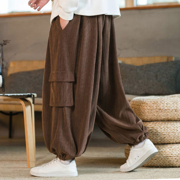 Pantalon cargo en velours côtelé chenille avec cordon de serrage et poches pour homme de Buddha Stones Automne Hiver - image 19