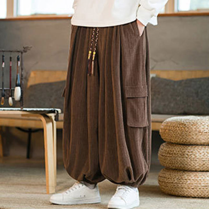 Pantalon cargo en velours côtelé chenille avec cordon de serrage et poches pour homme de Buddha Stones Automne Hiver - image 21