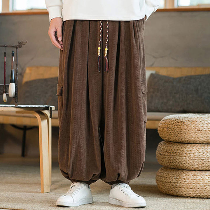 Pantalon cargo en velours côtelé chenille avec cordon de serrage et poches pour homme de Buddha Stones Automne Hiver - image 15