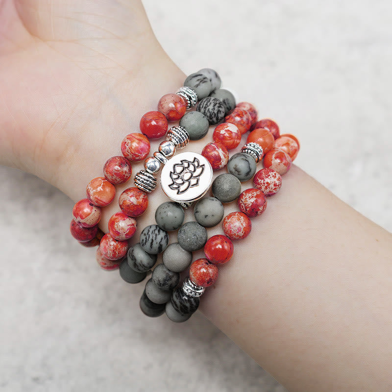 Bracelet de protection Lotus en pierre naturelle de jaspe sédimentaire marin avec 108 perles Mala Buddha Stones