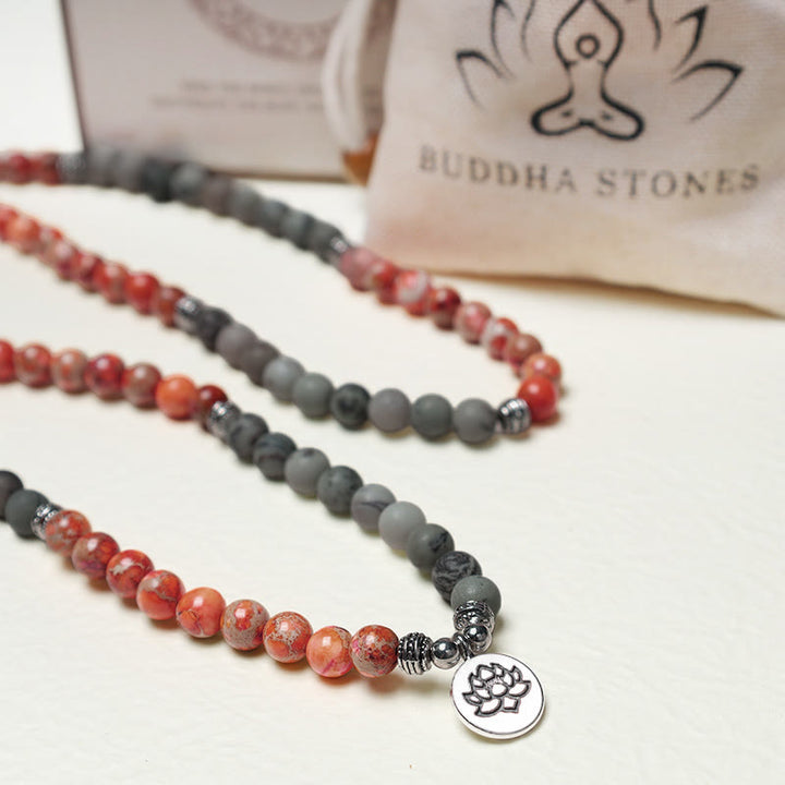 Bracelet de protection Lotus en pierre naturelle de jaspe sédimentaire marin avec 108 perles Mala Buddha Stones