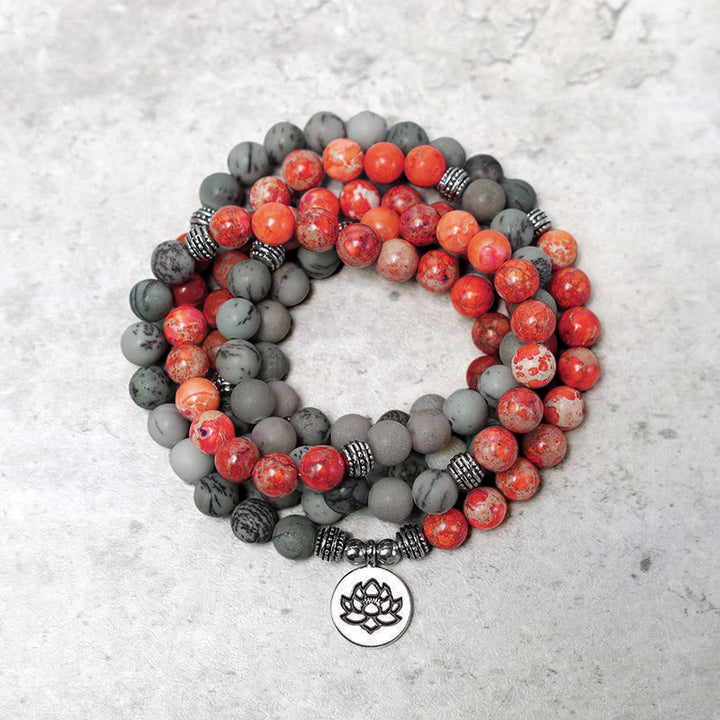 Bracelet de protection Lotus en pierre naturelle de jaspe sédimentaire marin avec 108 perles Mala Buddha Stones