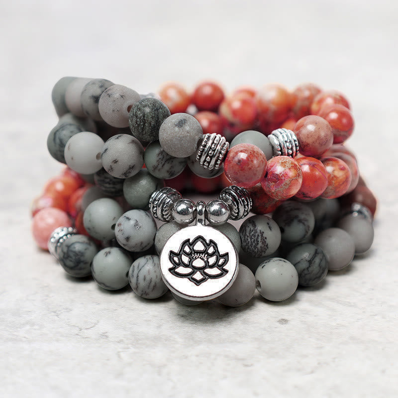 Bracelet de protection Lotus en pierre naturelle de jaspe sédimentaire marin avec 108 perles Mala Buddha Stones