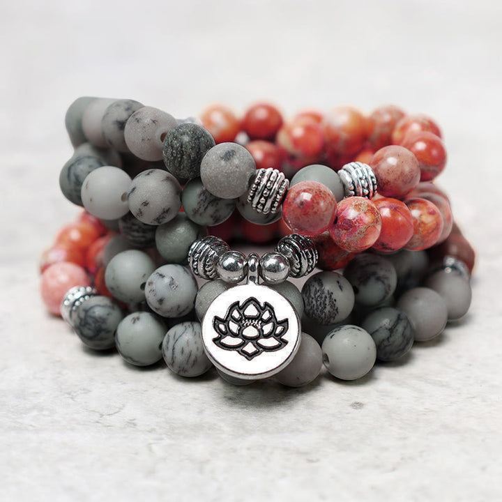 Bracelet de protection Lotus en pierre naturelle de jaspe sédimentaire marin avec 108 perles Mala Buddha Stones