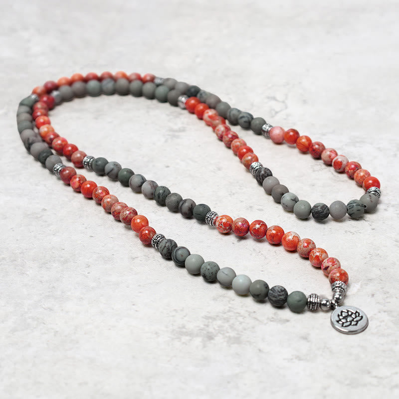 Bracelet de protection Lotus en pierre naturelle de jaspe sédimentaire marin avec 108 perles Mala Buddha Stones