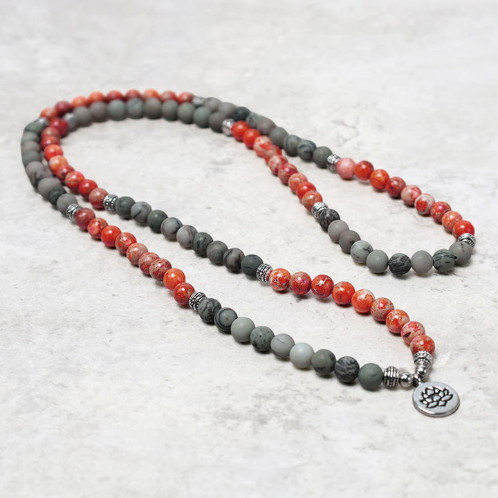 Bracelet de protection Lotus en pierre naturelle de jaspe sédimentaire marin avec 108 perles Mala Buddha Stones