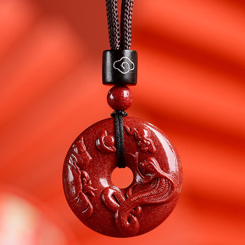 Collier avec Buddha Stones et signe du zodiaque chinois en cinabre - Serpent - Petit 28*8 mm - image 0