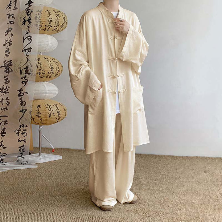 Ensemble de vêtements en coton zen à manches longues et boutons de grenouille pour homme, 2 pièces, motif Buddha Stones - Blé - US/UK/AU46，EU56 (5XL) - image 0