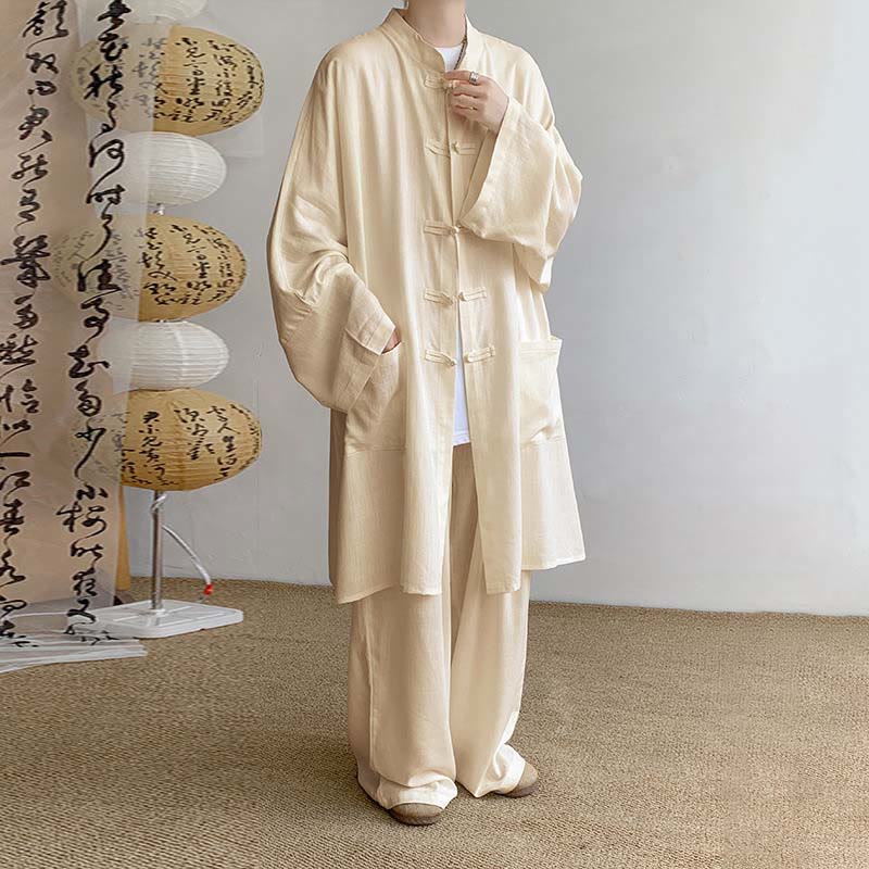 Ensemble de vêtements en coton zen à manches longues et boutons de grenouille pour homme, 2 pièces, motif Buddha Stones - Blé - US/UK/AU46，EU56 (5XL) - image 0