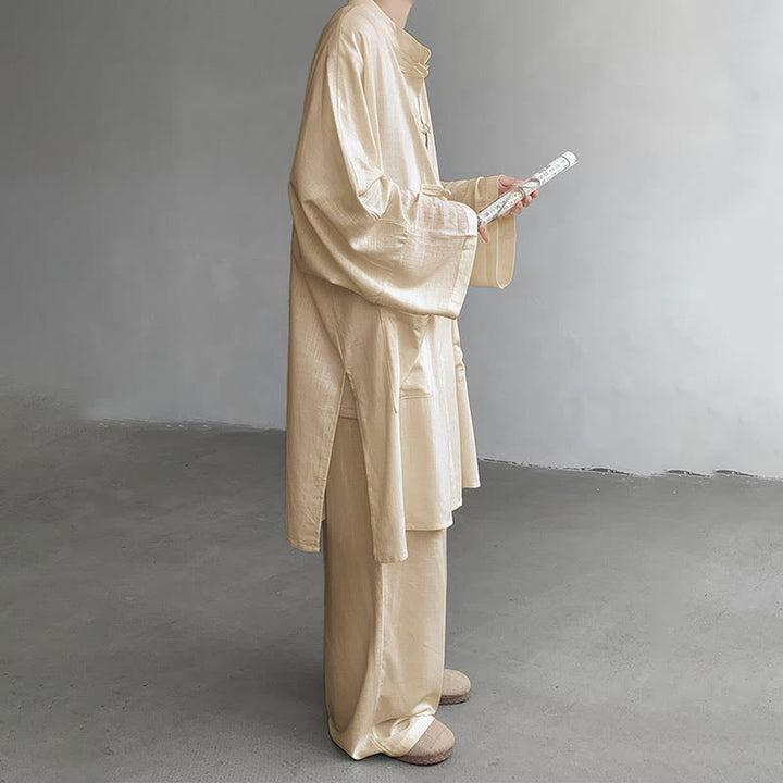 Ensemble de vêtements en coton zen à manches longues et boutons de grenouille pour homme, 2 pièces, motif Buddha Stones - image 3