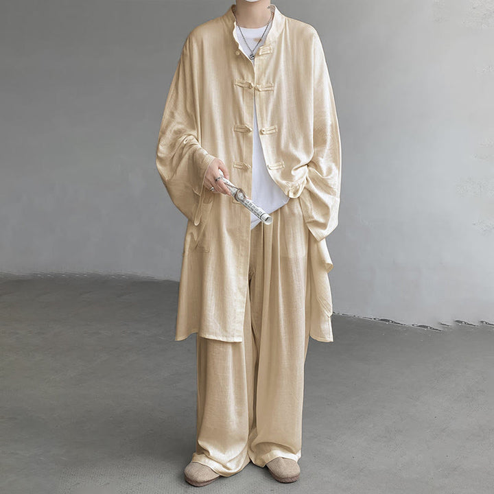 Ensemble de vêtements en coton zen à manches longues et boutons de grenouille pour homme, 2 pièces, motif Buddha Stones - image 1