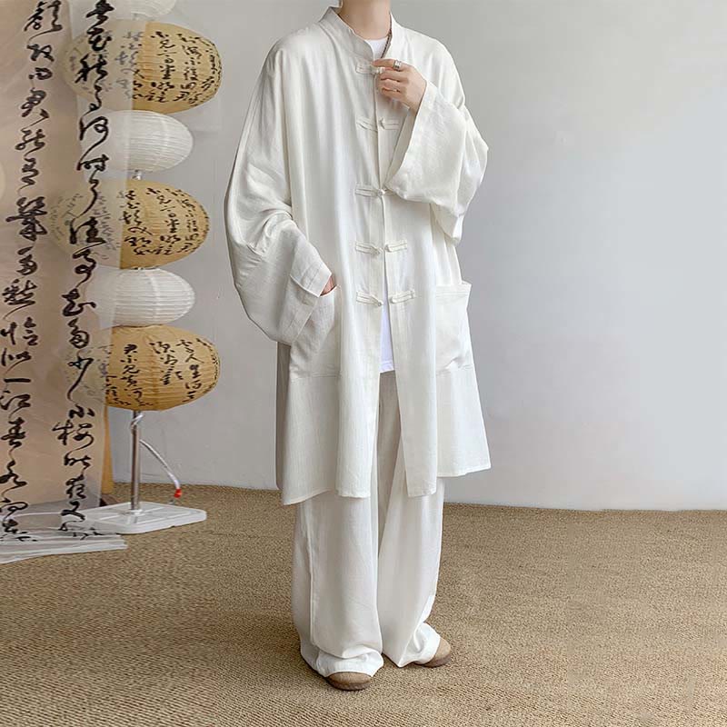 Ensemble de vêtements en coton zen à manches longues et boutons de grenouille pour homme, 2 pièces, motif Buddha Stones - Blanc - US/UK/AU46，EU56 (5XL) - image 3