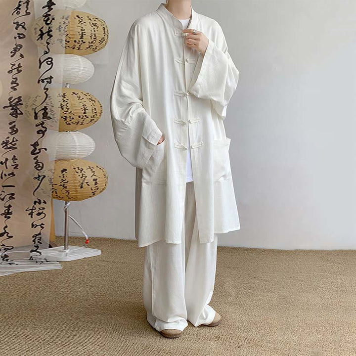 Ensemble de vêtements en coton zen à manches longues et boutons de grenouille pour homme, 2 pièces, motif Buddha Stones - Blanc - US/UK/AU46，EU56 (5XL) - image 4