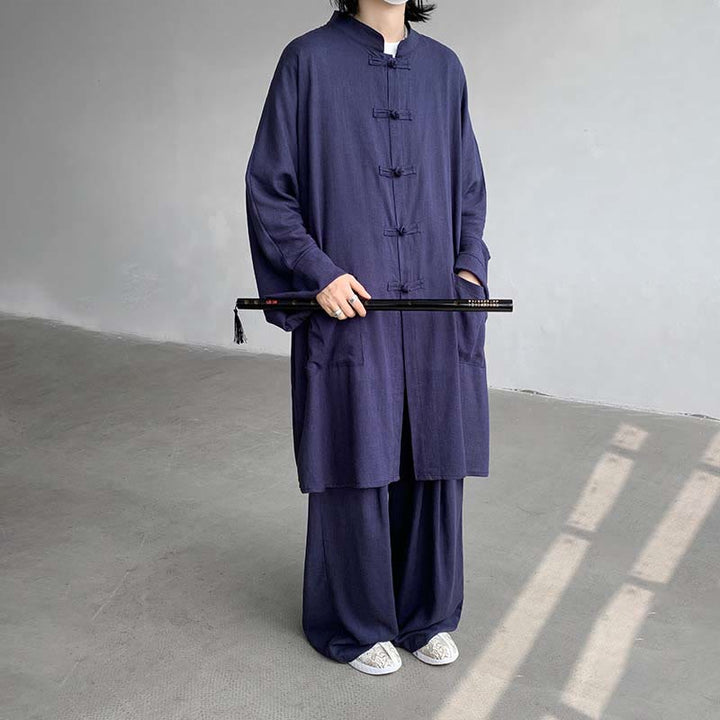 Ensemble de vêtements en coton zen à manches longues et boutons de grenouille pour homme, 2 pièces, motif Buddha Stones - Bleu acier - US/UK/AU46，EU56 (5XL) - image 11