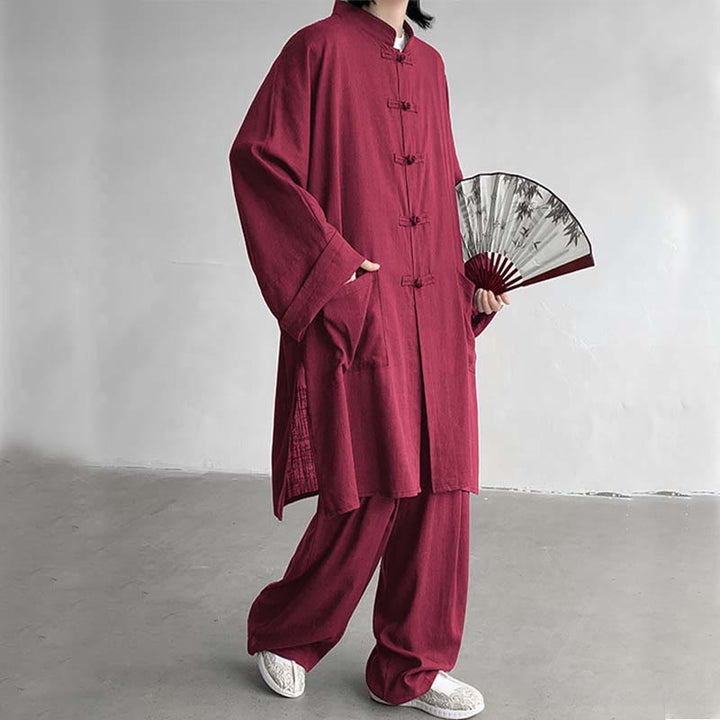 Ensemble de vêtements en coton zen à manches longues et boutons de grenouille pour homme, 2 pièces, motif Buddha Stones - FireBrick - US/UK/AU46，EU56 (5XL) - image 17