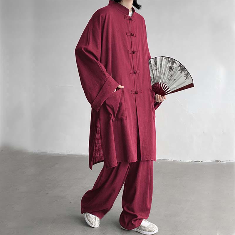 Ensemble de vêtements en coton zen à manches longues et boutons de grenouille pour homme, 2 pièces, motif Buddha Stones - Brique réfractaire - US/UK/AU46，EU56 (5XL) - image 18