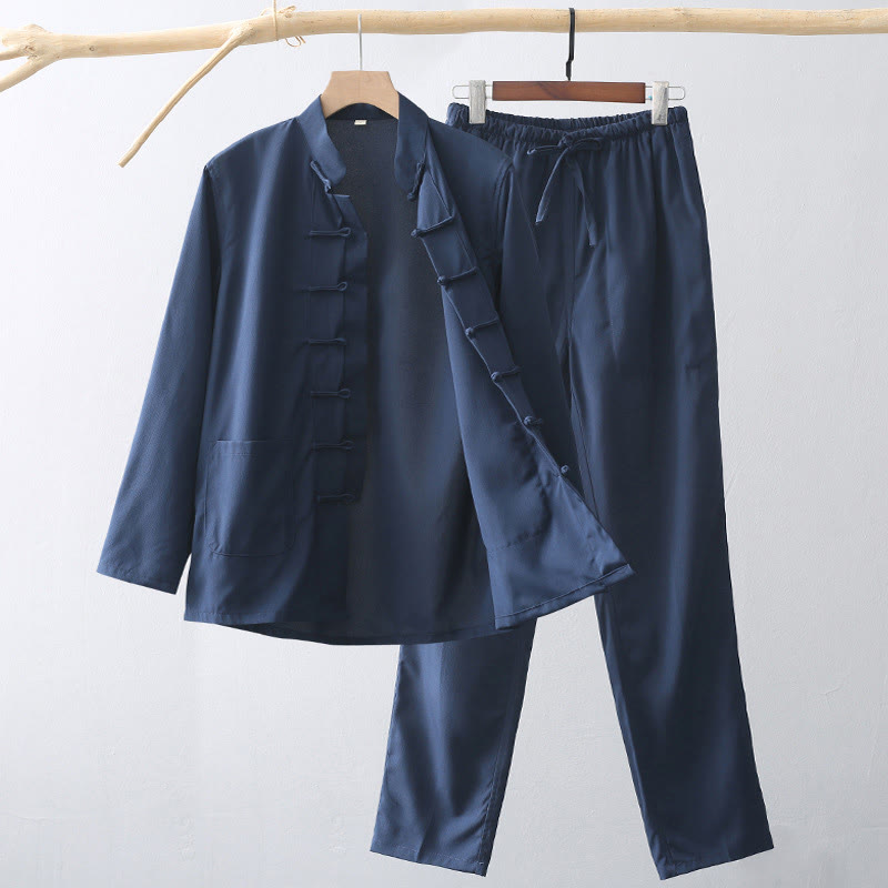 Ensemble de 2 Buddha Stones de costume Tang traditionnel à boutons de grenouille pour hommes, chemise à manches longues et pantalon - SteelBlue - US/UK/AU44，EU54 (4XL) - image 0