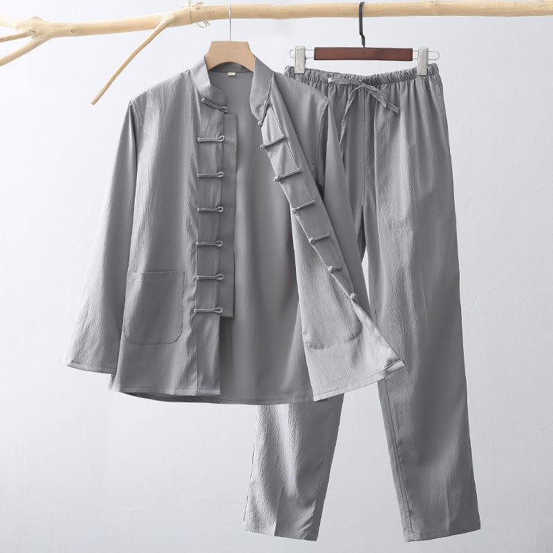 Ensemble de 2 Buddha Stones de costume Tang traditionnel à boutons de grenouille pour hommes, chemise à manches longues et pantalon