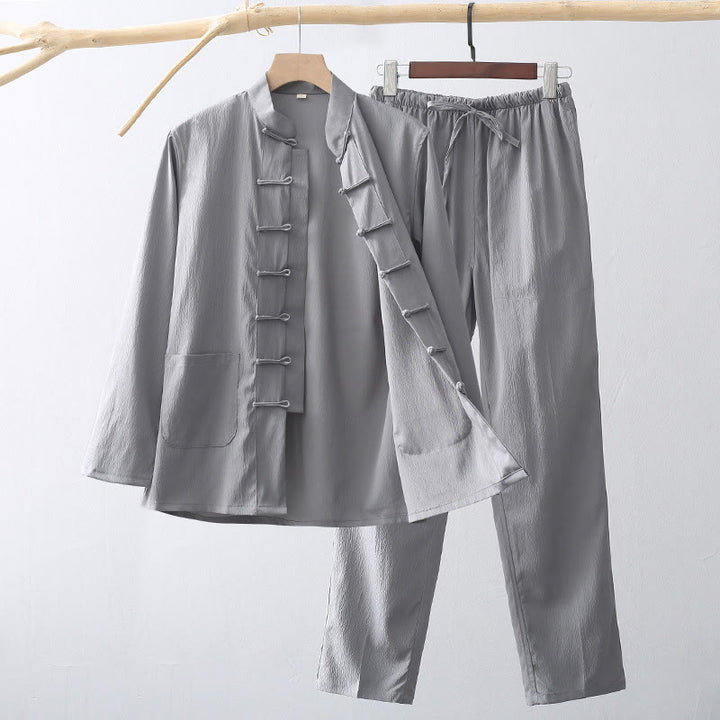 Ensemble de 2 Buddha Stones de costume Tang traditionnel à boutons de grenouille pour hommes, chemise à manches longues et pantalon