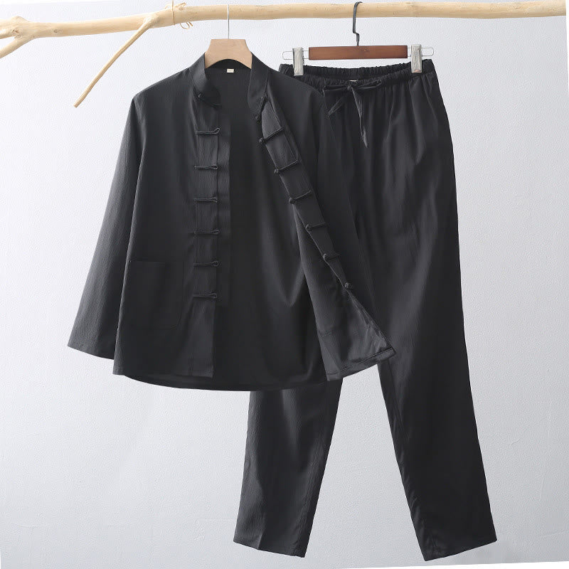 Ensemble de 2 Buddha Stones de costume Tang traditionnel à boutons de grenouille pour hommes, chemise à manches longues et pantalon