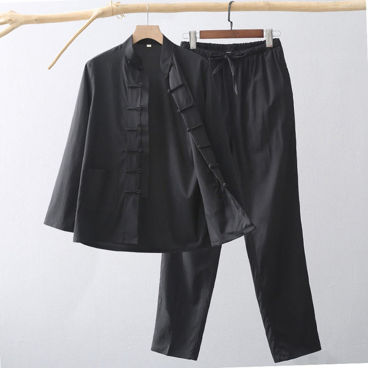 Ensemble de 2 Buddha Stones de costume Tang traditionnel à boutons de grenouille pour hommes, chemise à manches longues et pantalon - Noir - US/UK/AU44，EU54 (4XL) - image 10