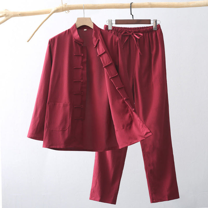 Ensemble de 2 Buddha Stones de costume Tang traditionnel à boutons de grenouille pour hommes, chemise à manches longues et pantalon - Cramoisi - US/UK/AU44，EU54 (4XL) - image 14