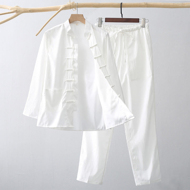 Ensemble de 2 Buddha Stones de costume Tang traditionnel à boutons de grenouille pour hommes, chemise à manches longues et pantalon - Blanc - US/UK/AU44，EU54 (4XL) - image 9