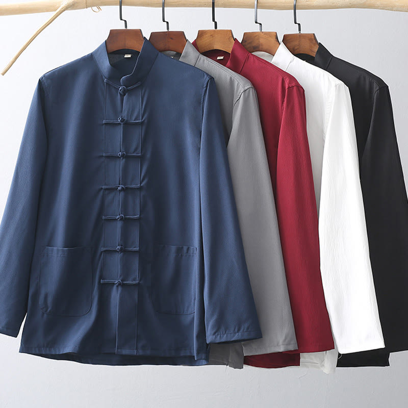 Ensemble de 2 Buddha Stones de costume Tang traditionnel à boutons de grenouille pour hommes, chemise à manches longues et pantalon - image 1