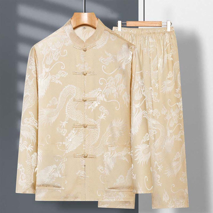 Ensemble de vêtements 2 pièces pour homme avec chemise à manches longues et pantalon et boutons en forme de Buddha Stones et de dragon