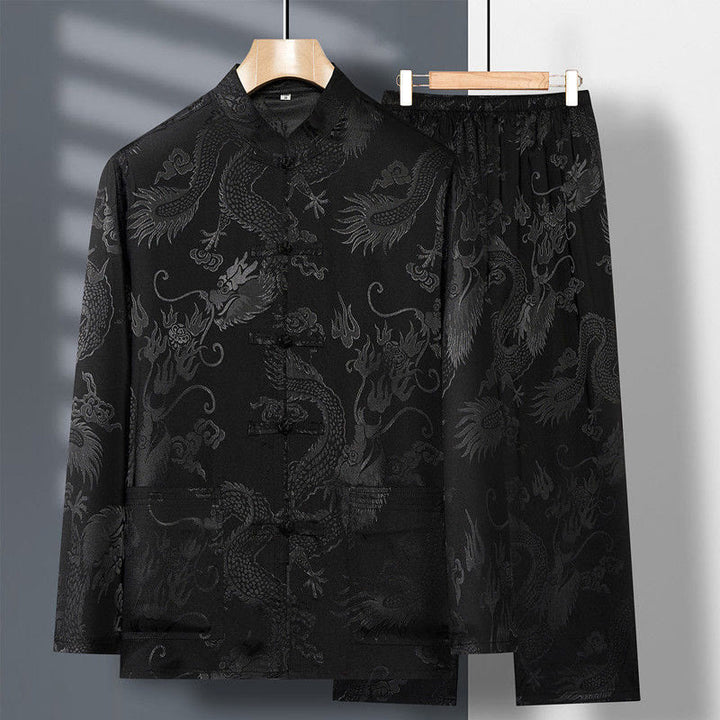 Ensemble de vêtements 2 pièces pour homme avec chemise à manches longues et pantalon et boutons en forme de Buddha Stones et de dragon
