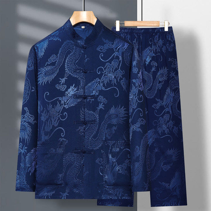 Ensemble de vêtements 2 pièces pour homme avec chemise à manches longues et pantalon et boutons en forme de Buddha Stones et de dragon