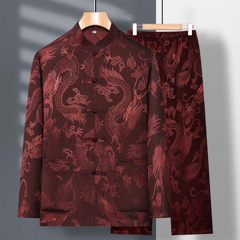 Ensemble de vêtements 2 pièces pour homme avec chemise à manches longues et pantalon et boutons en forme de Buddha Stones et de dragon