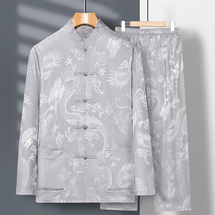 Ensemble de vêtements 2 pièces pour homme avec chemise à manches longues et pantalon et boutons en forme de Buddha Stones et de dragon