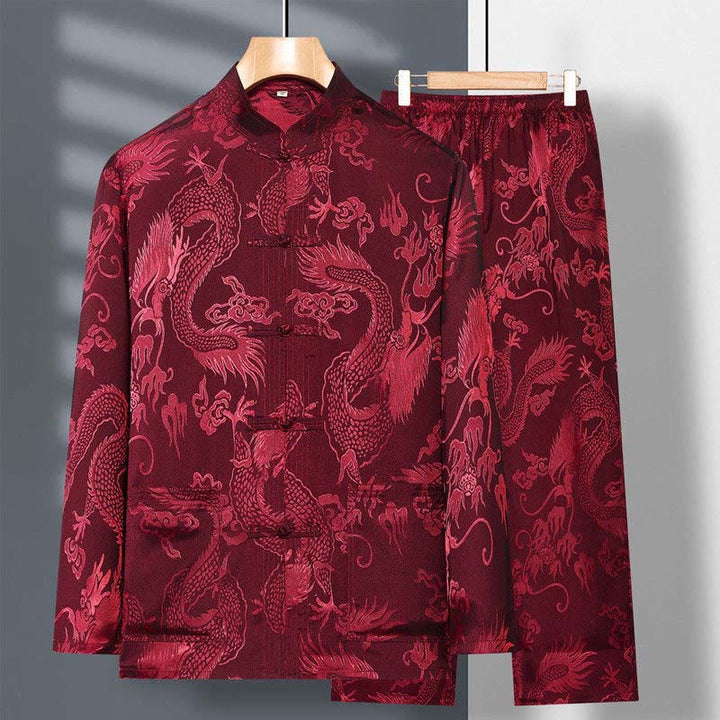 Ensemble de vêtements 2 pièces pour homme avec chemise à manches longues et pantalon et boutons en forme de Buddha Stones et de dragon
