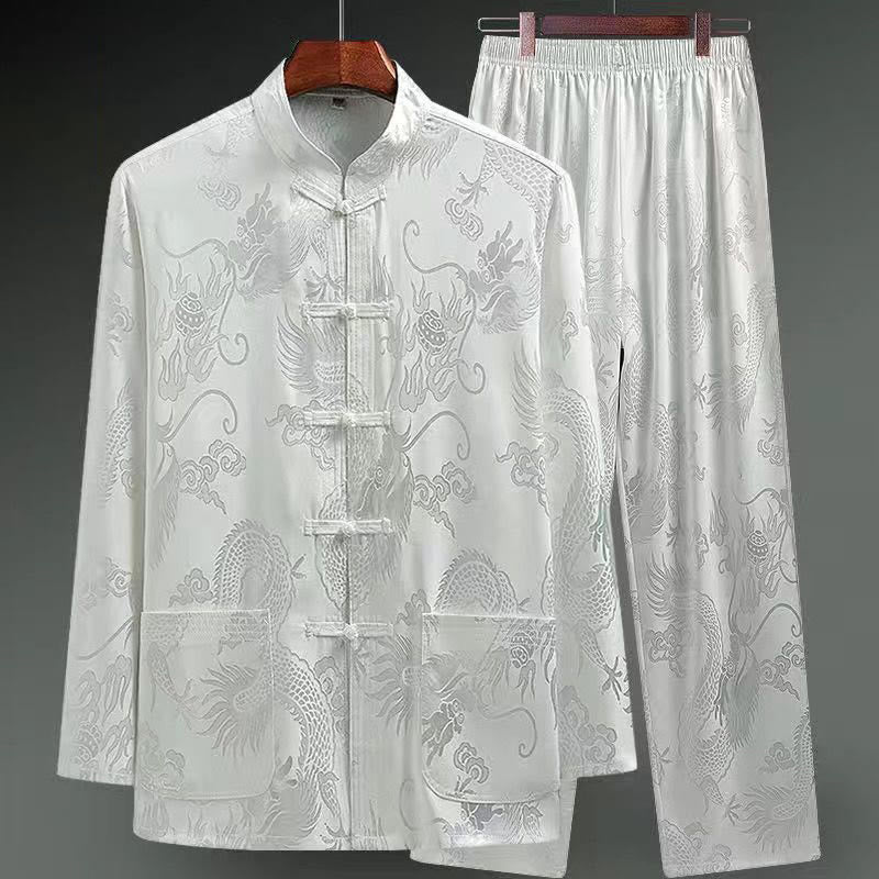Ensemble de vêtements 2 pièces pour homme avec chemise à manches longues et pantalon et boutons en forme de Buddha Stones et de dragon