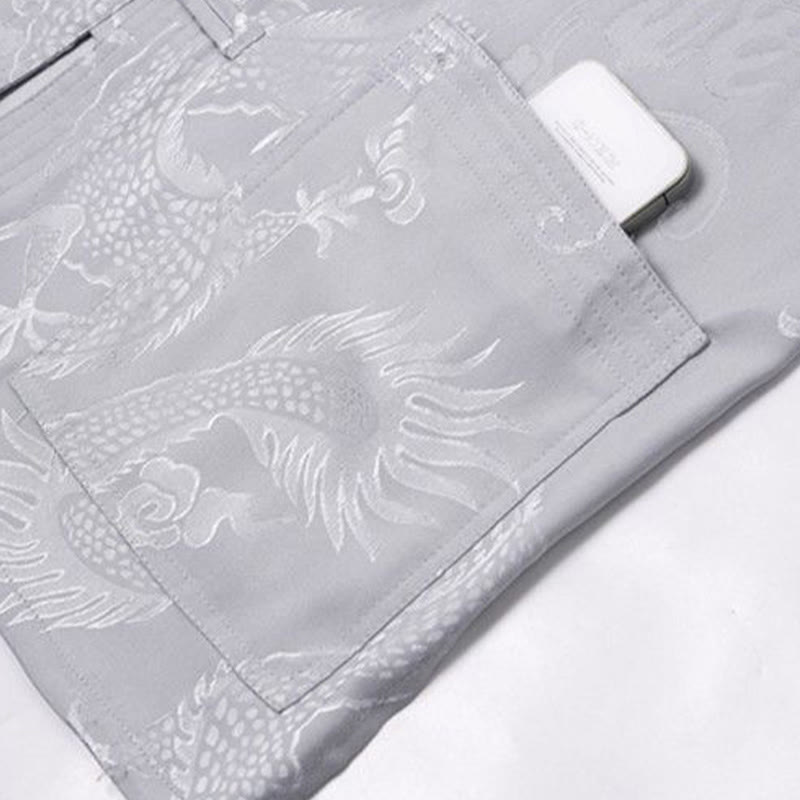 Ensemble de vêtements 2 pièces pour homme avec chemise à manches longues et pantalon et boutons en forme de Buddha Stones et de dragon