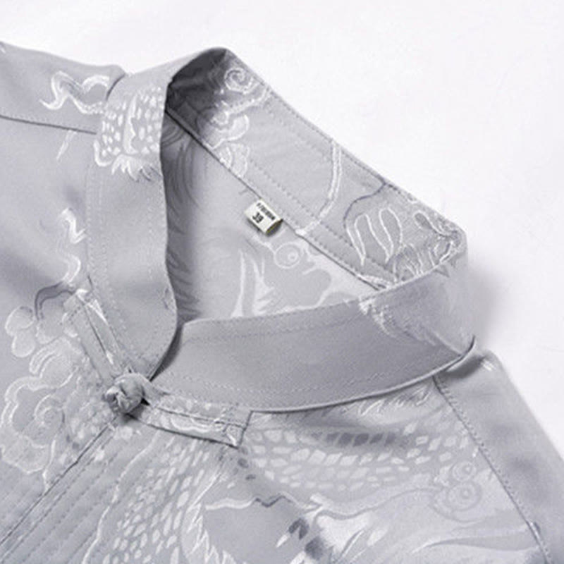 Ensemble de vêtements 2 pièces pour homme avec chemise à manches longues et pantalon et boutons en forme de Buddha Stones et de dragon