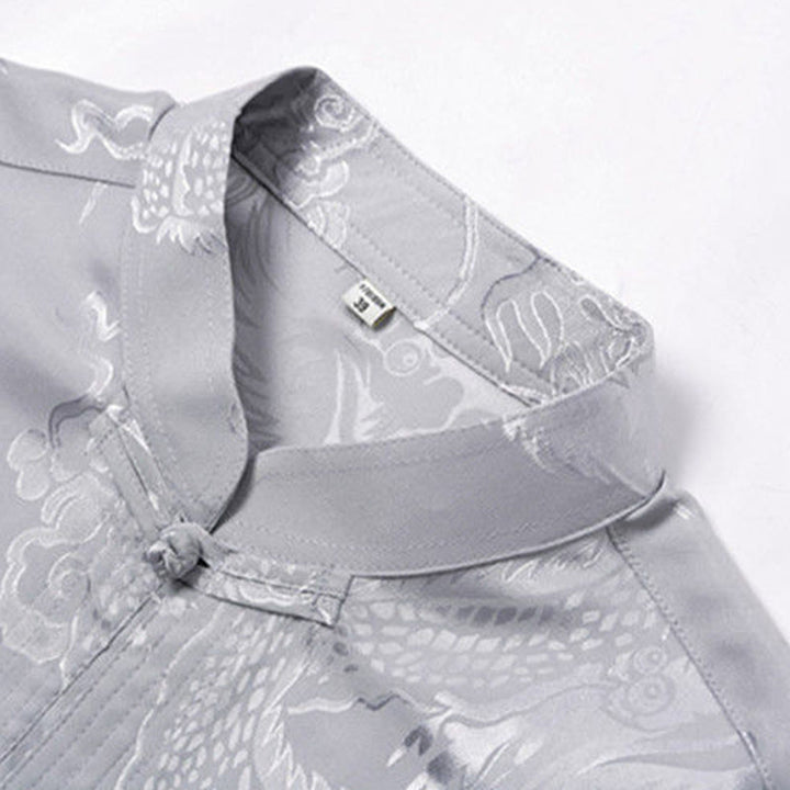 Ensemble de vêtements 2 pièces pour homme avec chemise à manches longues et pantalon et boutons en forme de Buddha Stones et de dragon