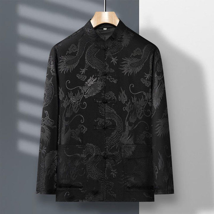 Ensemble de vêtements 2 pièces pour homme avec chemise à manches longues et pantalon et boutons en forme de Buddha Stones et de dragon