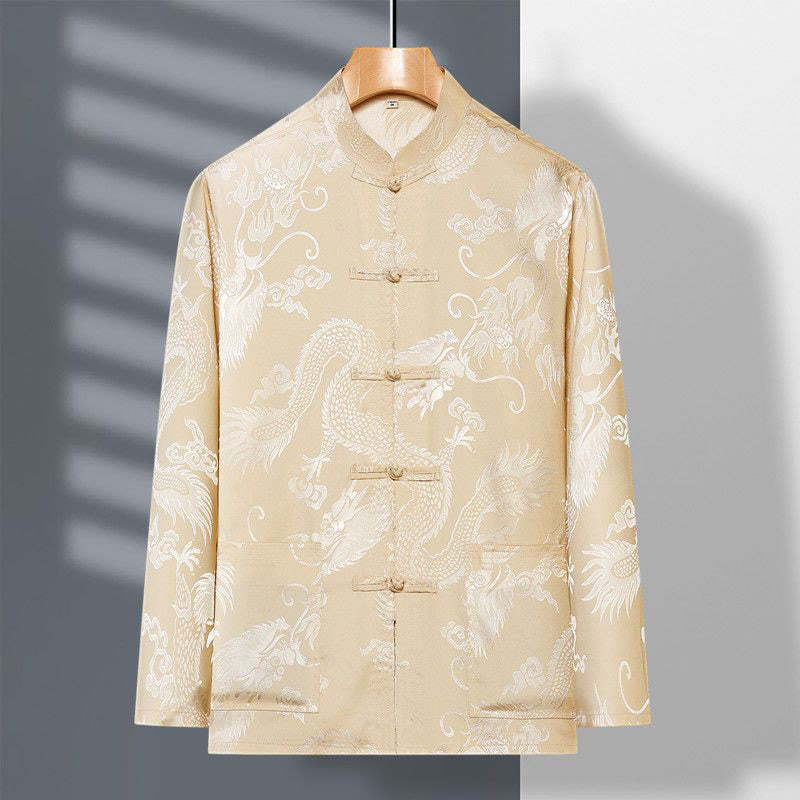 Ensemble de vêtements 2 pièces pour homme avec chemise à manches longues et pantalon et boutons en forme de Buddha Stones et de dragon