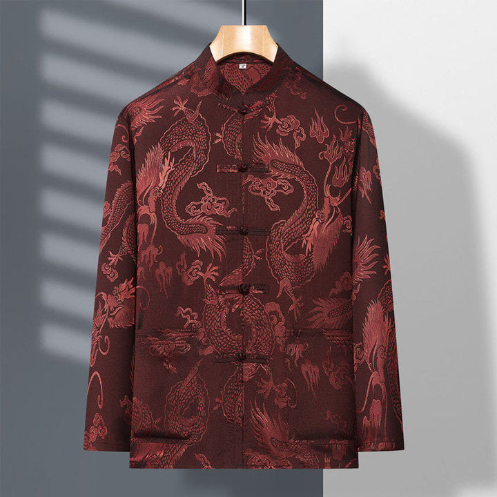 Ensemble de vêtements 2 pièces pour homme avec chemise à manches longues et pantalon et boutons en forme de Buddha Stones et de dragon