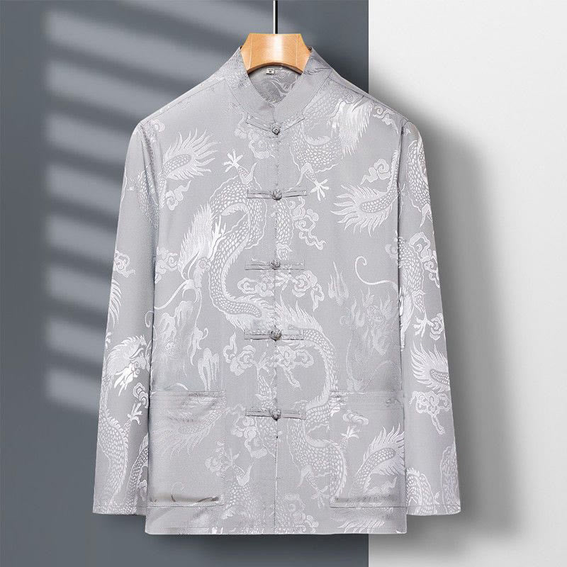 Ensemble de vêtements 2 pièces pour homme avec chemise à manches longues et pantalon et boutons en forme de Buddha Stones et de dragon