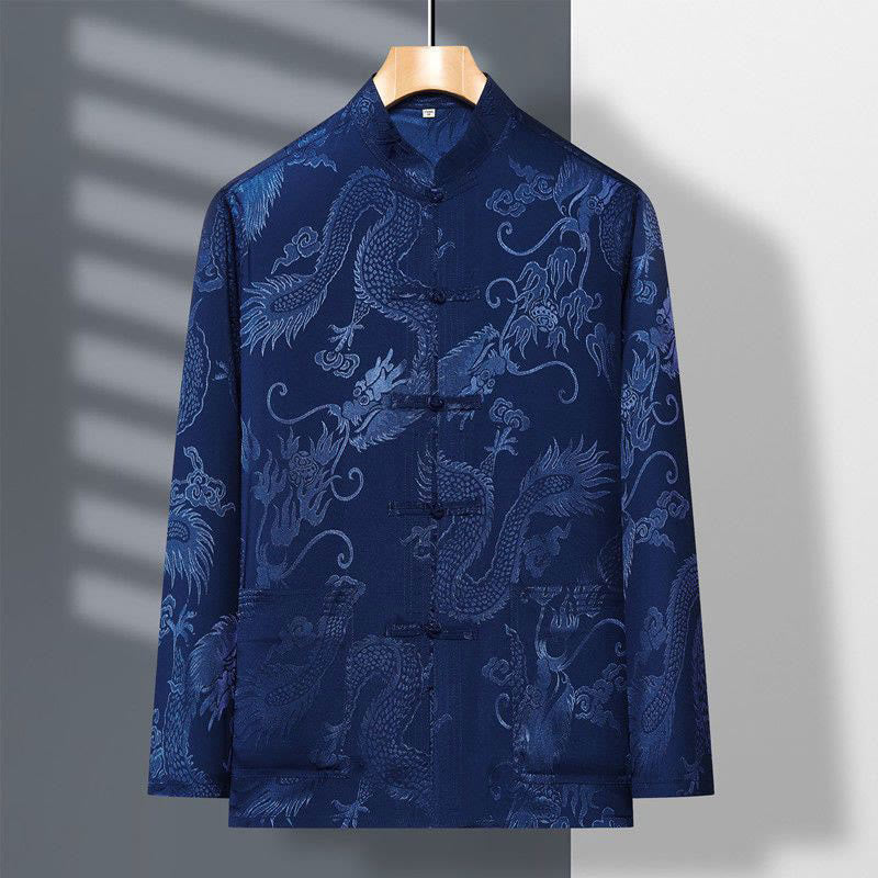 Ensemble de vêtements 2 pièces pour homme avec chemise à manches longues et pantalon et boutons en forme de Buddha Stones et de dragon