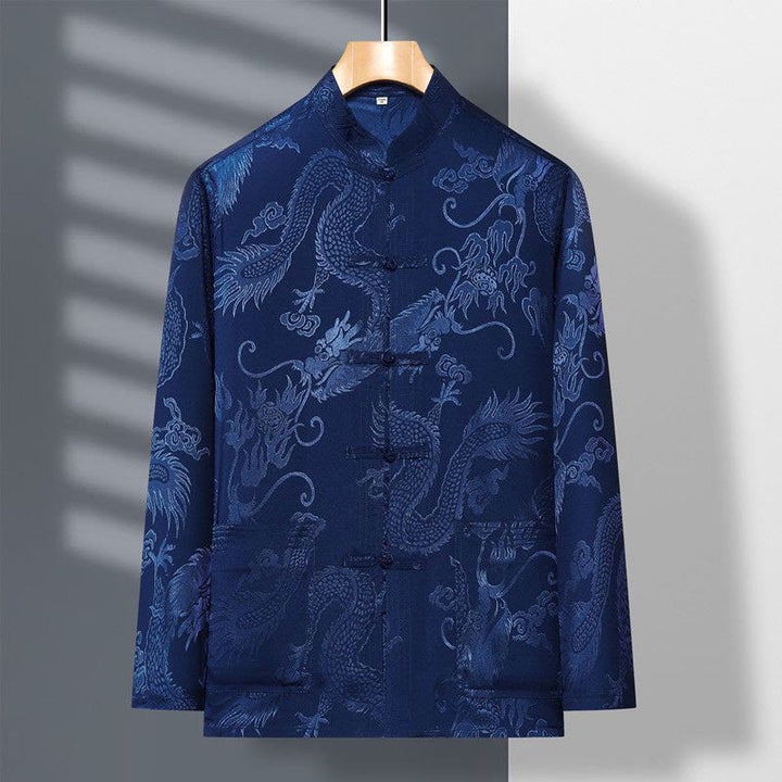 Ensemble de vêtements 2 pièces pour homme avec chemise à manches longues et pantalon et boutons en forme de Buddha Stones et de dragon