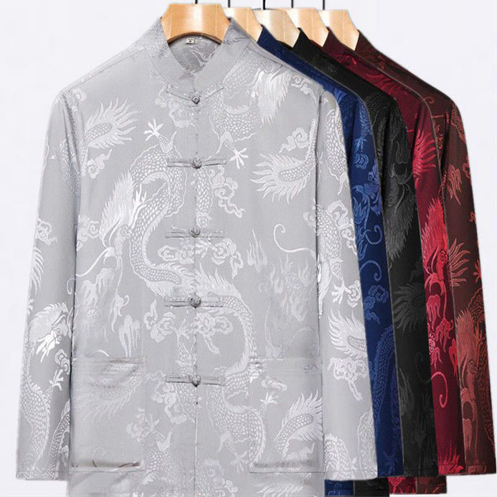 Ensemble de vêtements 2 pièces pour homme avec chemise à manches longues et pantalon et boutons en forme de Buddha Stones et de dragon